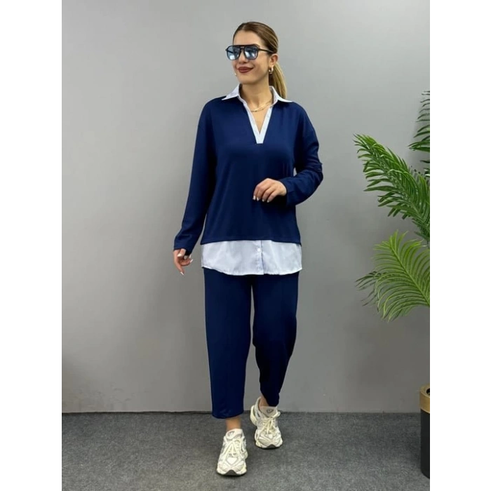 Kadın Gömlek Detay çizgili Yandan Bağlamalı Ikili Takım