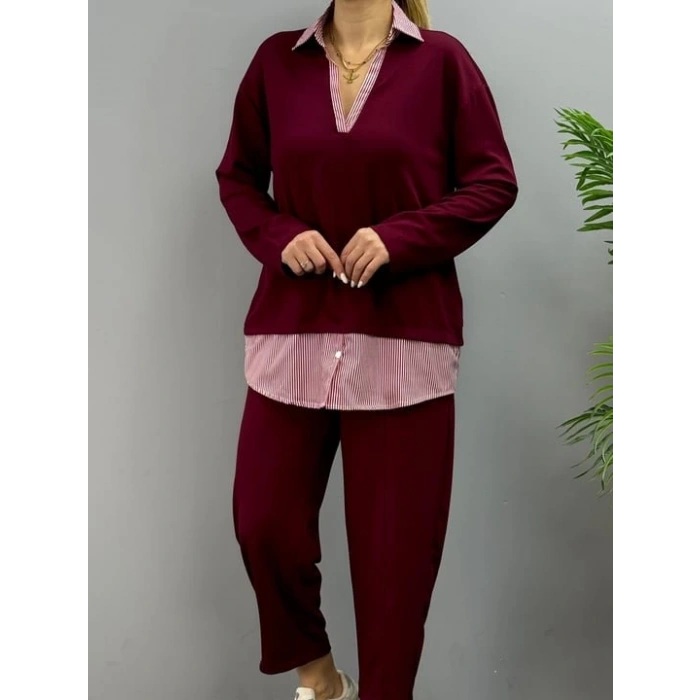 Kadın Gömlek Detay çizgili Yandan Bağlamalı Ikili Takım