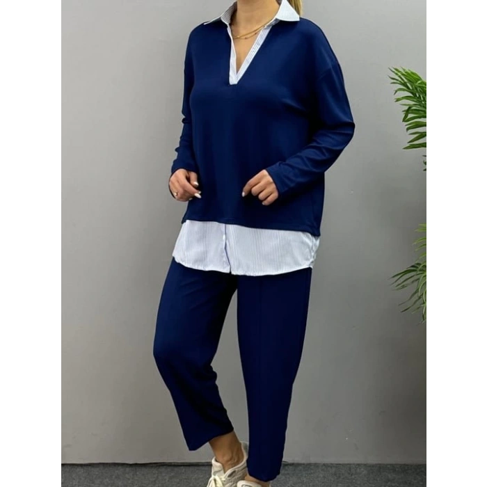 Kadın Gömlek Detay çizgili Yandan Bağlamalı Ikili Takım