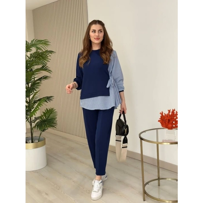 Kadın Gömlek Detay çizgili Yandan Bağlamalı Ikili Takım