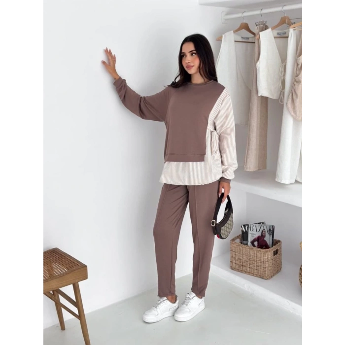 Kadın Gömlek Detay çizgili Yandan Bağlamalı Ikili Takım