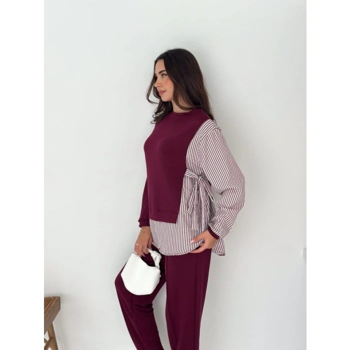 Kadın Gömlek Detay çizgili Yandan Bağlamalı Ikili Takım