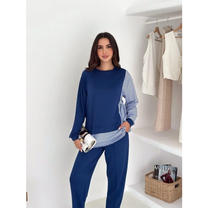 Kadın Gömlek Detay çizgili Yandan Bağlamalı Ikili Takım