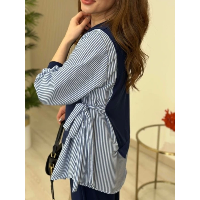 Kadın Gömlek Detay çizgili Yandan Bağlamalı Ikili Takım