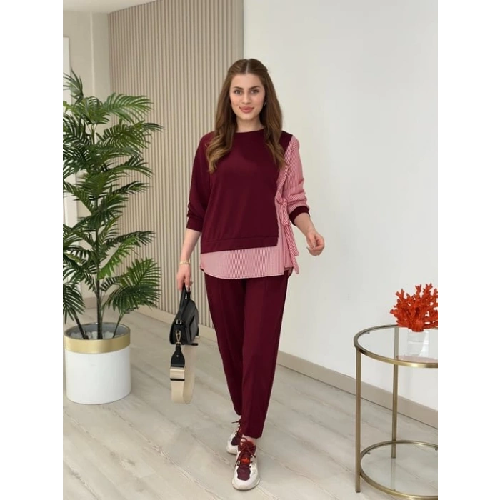 Kadın Gömlek Detay çizgili Yandan Bağlamalı Ikili Takım