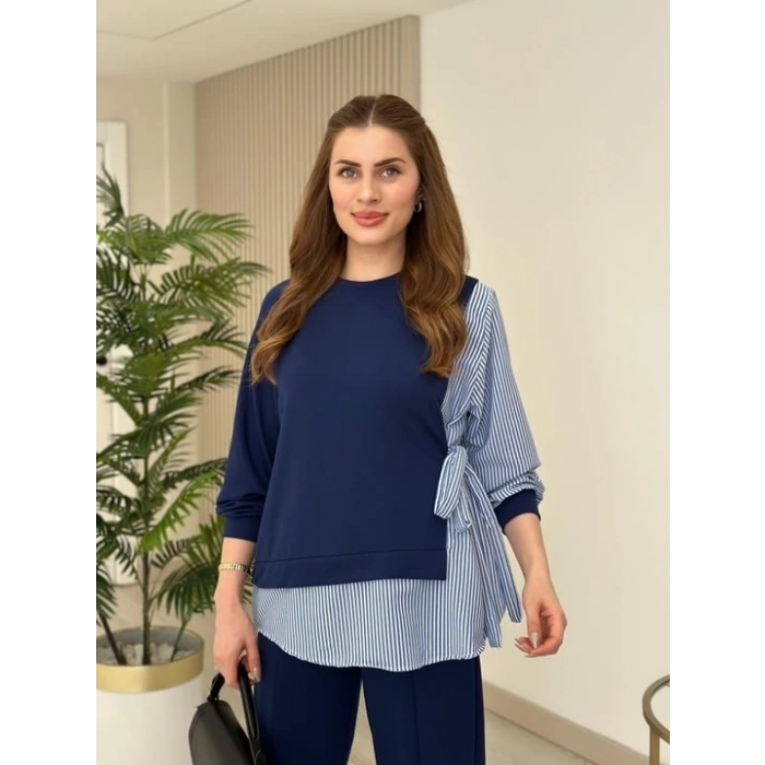 Kadın Gömlek Detay çizgili Yandan Bağlamalı Ikili Takım