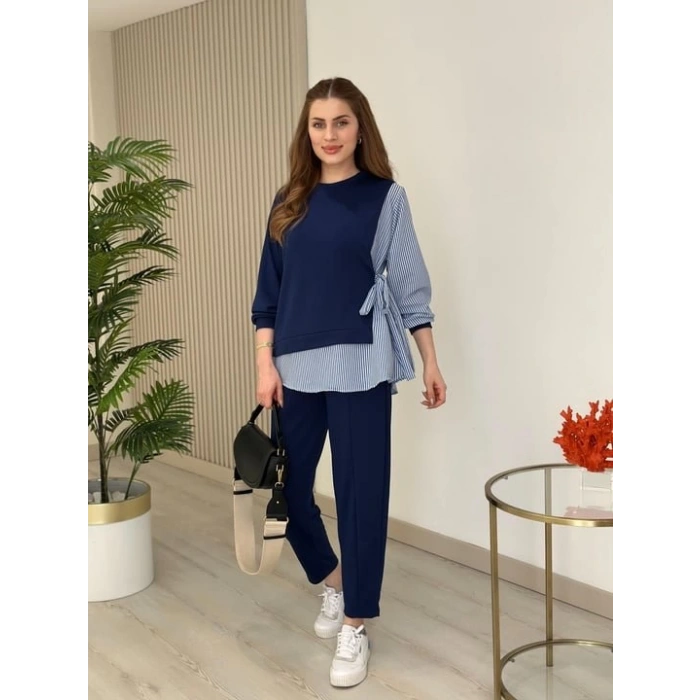 Kadın Gömlek Detay çizgili Yandan Bağlamalı Ikili Takım