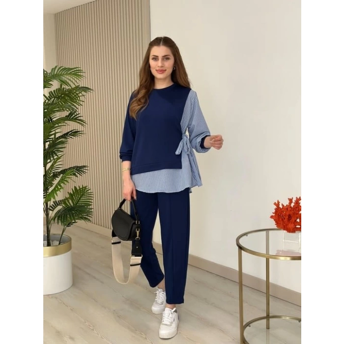 Kadın Gömlek Detay çizgili Yandan Bağlamalı Ikili Takım