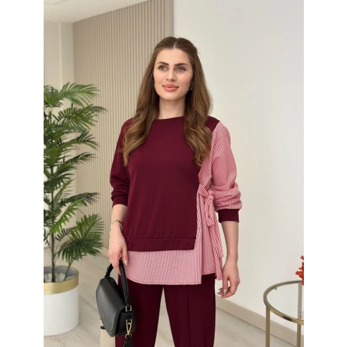 Kadın Gömlek Detay çizgili Yandan Bağlamalı Ikili Takım