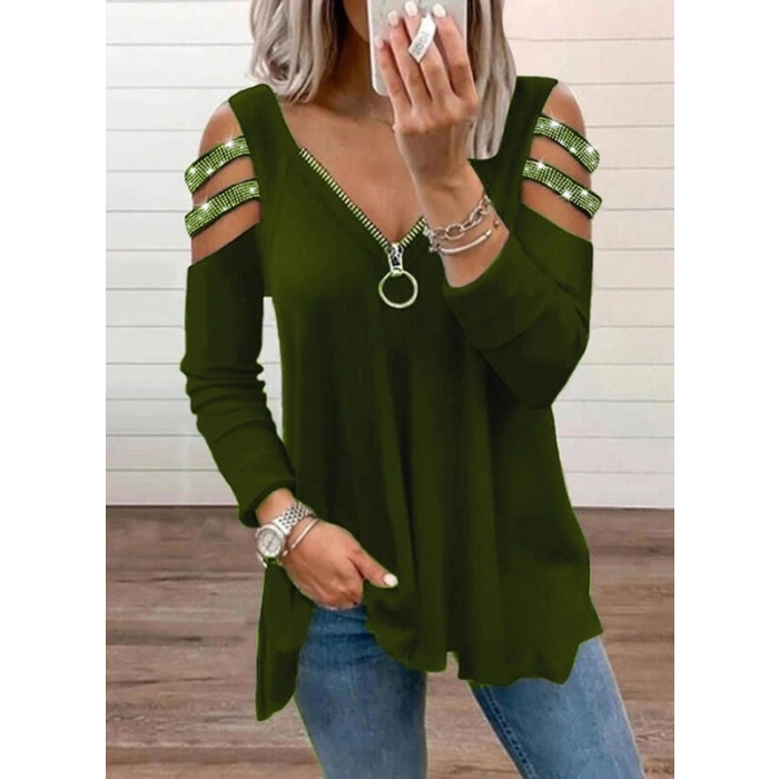 Kadın Haki Kolları Taş Işlemeli Uzun Kol Fermuarlı Viskon Bluz