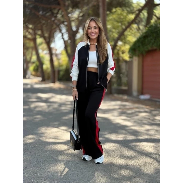 Kadın Hakim Yaka şerit Detay Hırka Ve Bol Paça Pantolon Ikili Takım