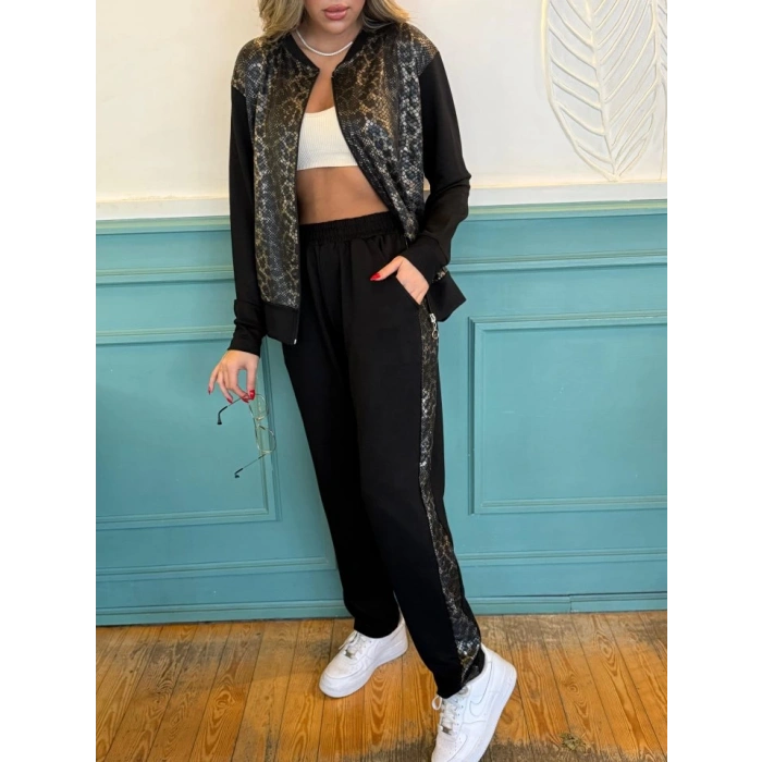 Kadın İki İplik Kumaş Yılan Desenli Fermuarlı İkili Takım