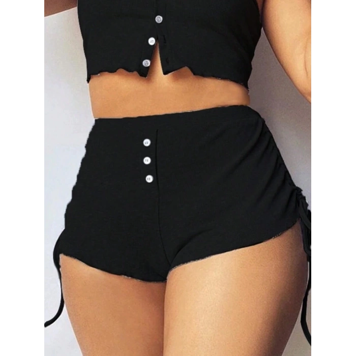 Kadın Ip Askılı Crop Bluz Ve Yanlardan Büzgülü Ikili Kaşkorse Short Takım