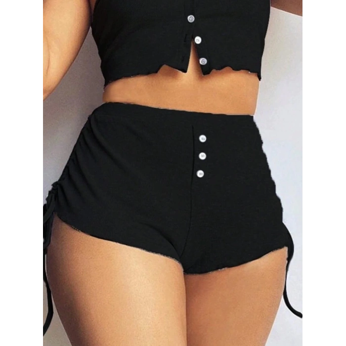 Kadın Ip Askılı Crop Bluz Ve Yanlardan Büzgülü Ikili Kaşkorse Short Takım