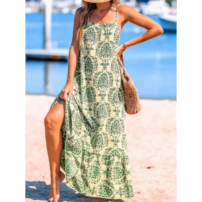 Kadın Ip Askılı Desenli Fırfırlı Süprem Elbise