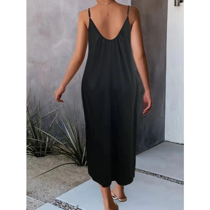 Kadın Ip Askılı Geniş V Yakalı Cepli Viskon Elbise