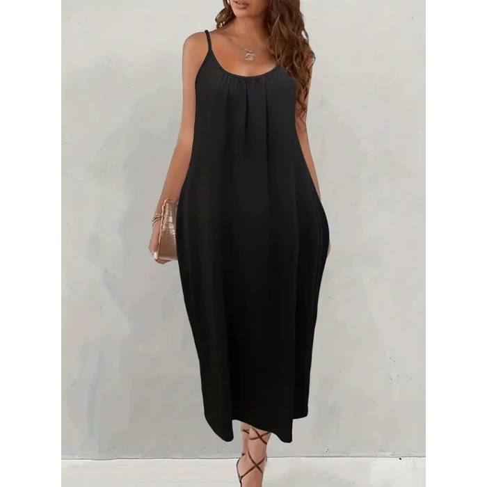 Kadın Ip Askılı Geniş V Yakalı Cepli Viskon Elbise