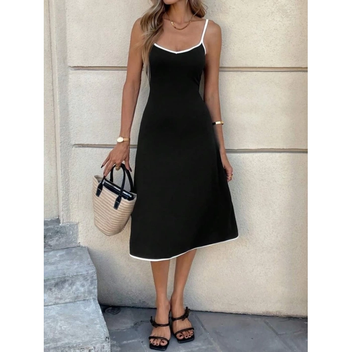 Kadın Ip Askılı Geniş V Yakalı Midi Janjan Krep Elbise