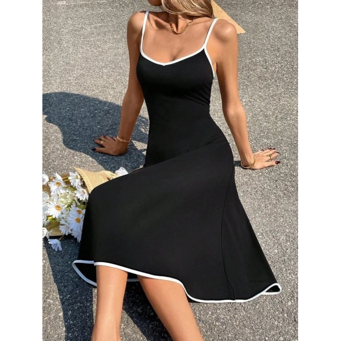 Kadın Ip Askılı Geniş V Yakalı Midi Janjan Krep Elbise