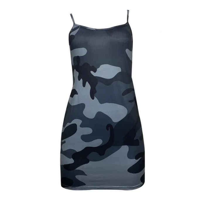 Kadın Ip Askılı Kamuflaj Baskılı Viskon Elbise