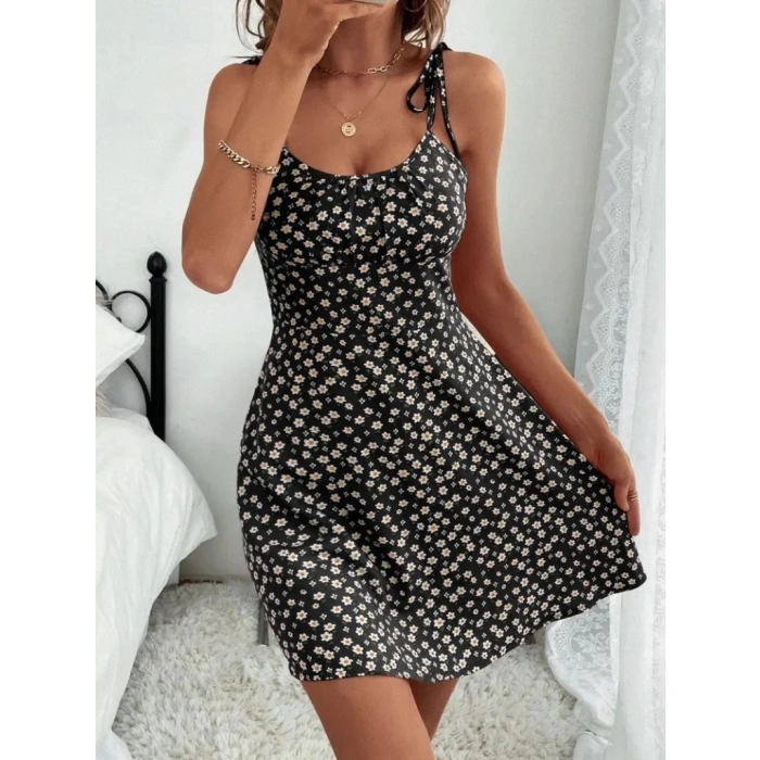 Kadın Ip Askılı Omuzlardan Bağcıklı çiçek Desenli Süprem Elbise