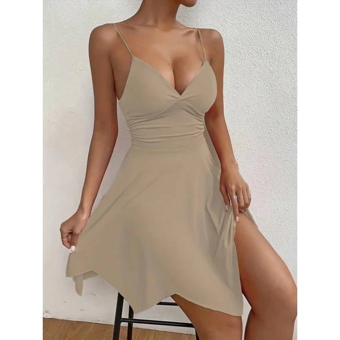 Kadın Ip Askılı V Yakalı Asimetrik Kesim Detaylı Janjan Krep Elbise