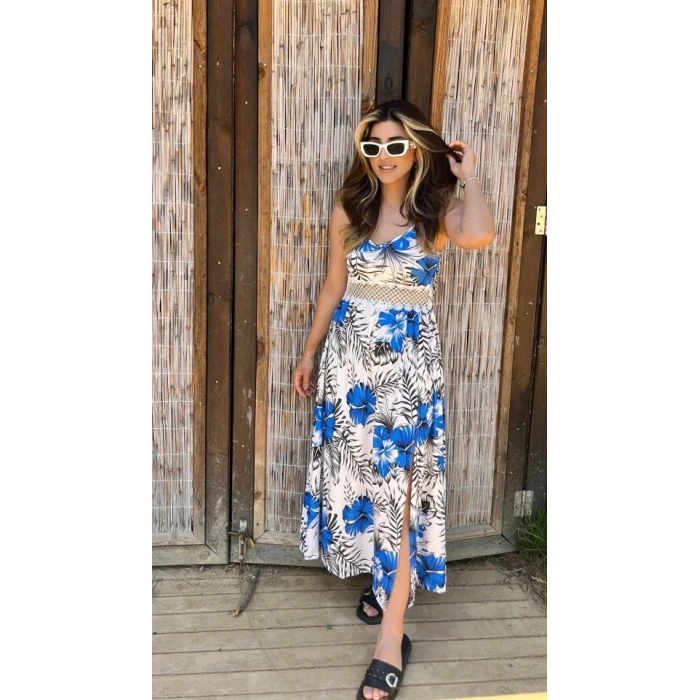 Kadın Ip Askılı V Yakalı Bel Güpür çiçek Desenli Yandan Yırtmaçlı Maksi Süprem Elbise