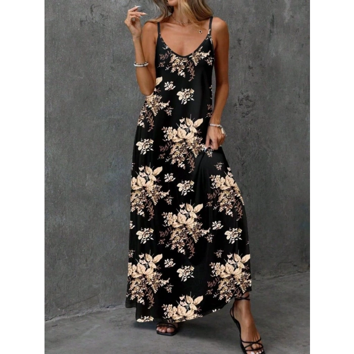 Kadın Ip Askılı V Yakalı çiçek Desenli Süprem Elbise