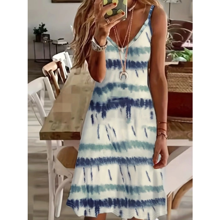 Kadın Ip Askılı V Yakalı Karışık Renkli Süprem Elbise