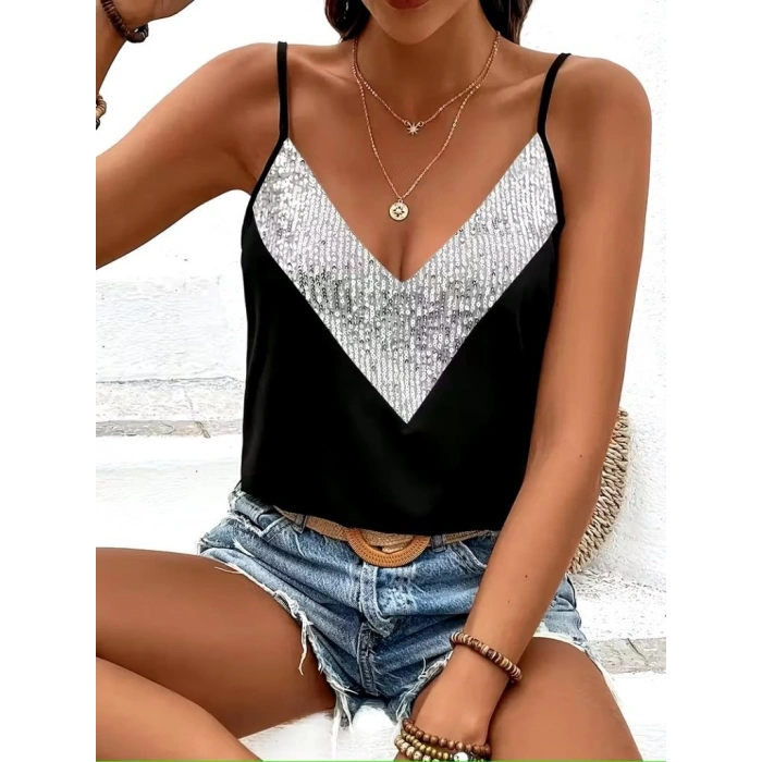 Kadın Ip Askılı V Yakalı Pulpayet Detaylı Sandy Gümüş Bluz