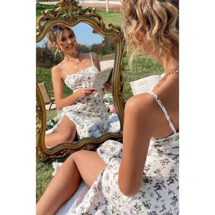 Kadın Ip Askılı Yakadan Bağcıklı Desenli Süprem Elbise