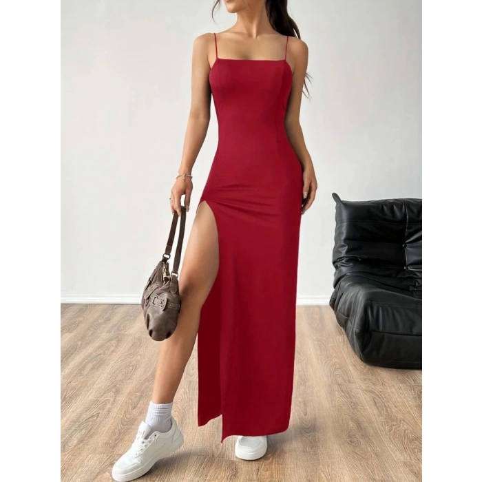 Kadın Ip Askılı Yandan Yırtmaçlı Janjan Krep Elbise