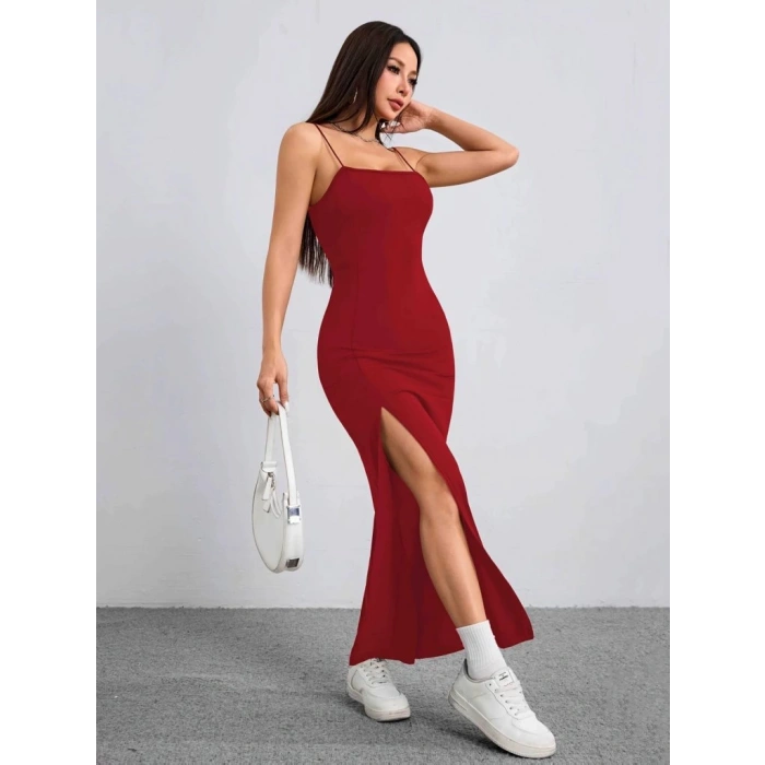 Kadın Ip Askılı Yandan Yırtmaçlı Janjan Krep Elbise