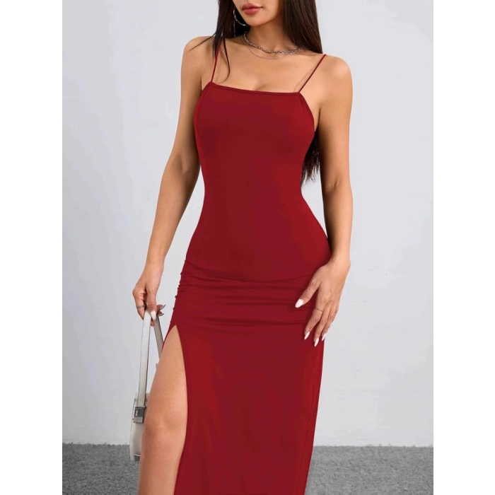 Kadın Ip Askılı Yandan Yırtmaçlı Janjan Krep Elbise