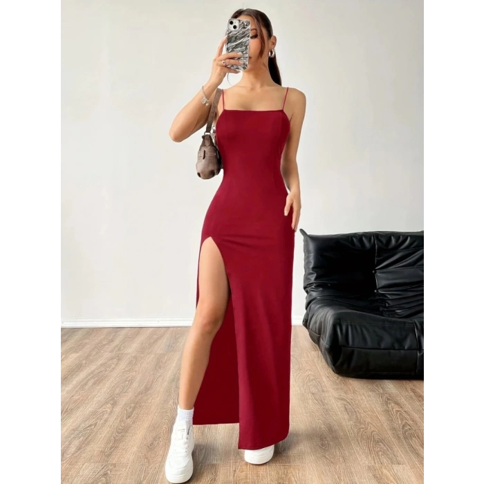 Kadın Ip Askılı Yandan Yırtmaçlı Janjan Krep Elbise