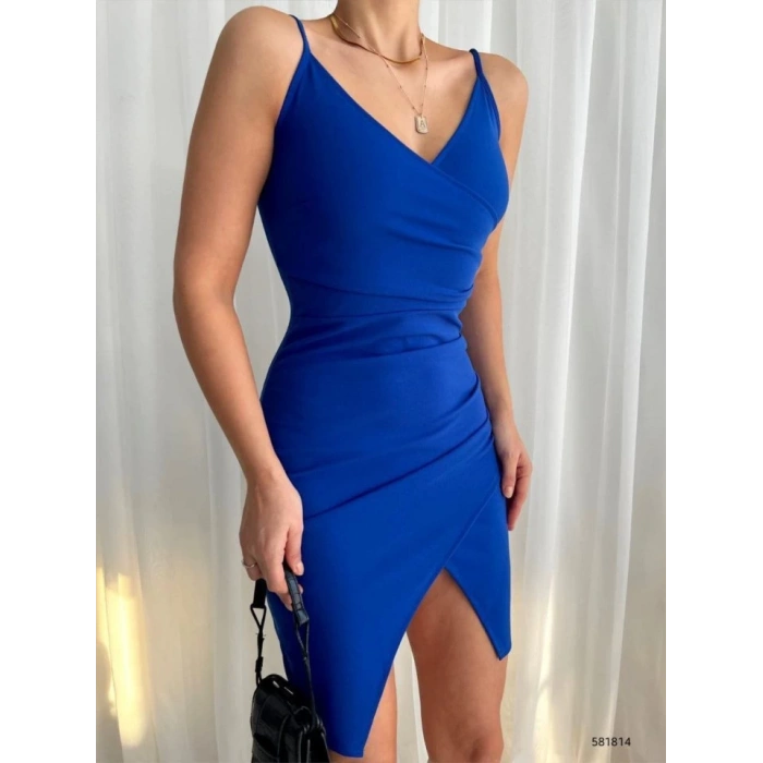 Kadın İp Askılı Yırtmaçlı Büzgülü Elbise