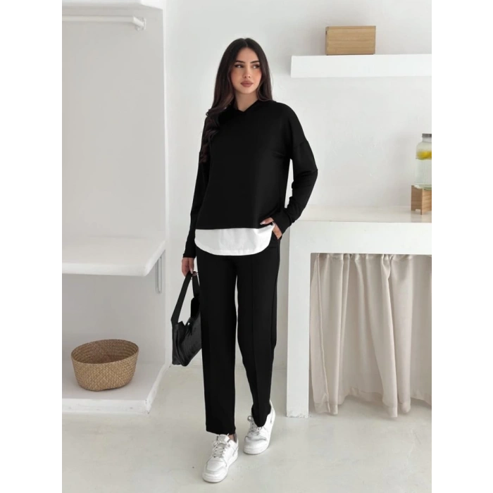 Kadın Kapşunlu Ve Atlet Detaylı Tunik Yüksek Bel Pantolunlu ıkılı Takım