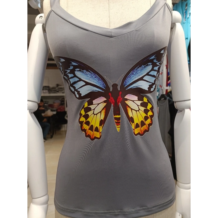 Kadın Kelebek Baskılı Sandy Kumaş Askılı Bluz