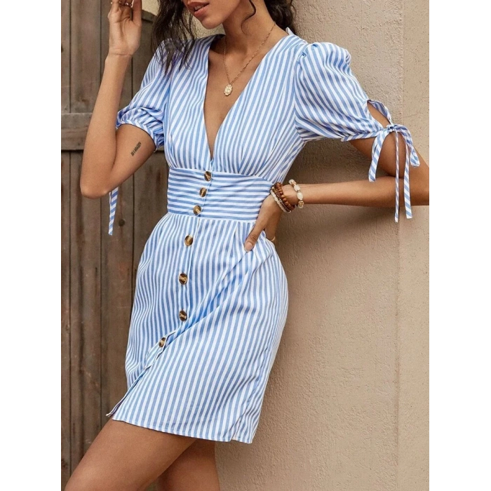 Kadın Kısa Bağcıklı Kol Kruvaze Yaka önden Düğmeli Kısa Poplin Elbise