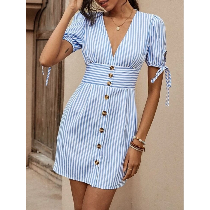 Kadın Kısa Bağcıklı Kol Kruvaze Yaka önden Düğmeli Kısa Poplin Elbise