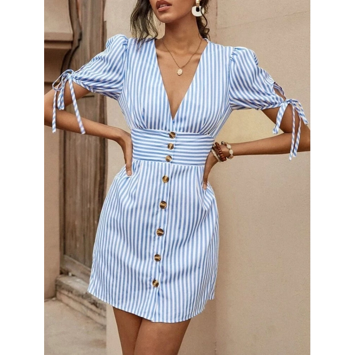 Kadın Kısa Bağcıklı Kol Kruvaze Yaka önden Düğmeli Kısa Poplin Elbise