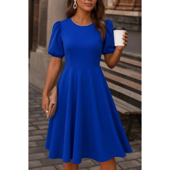 Kadın Kısa Balon Kollu Bisiklet Yaka Geniş Kesim Janjan Krep Elbise