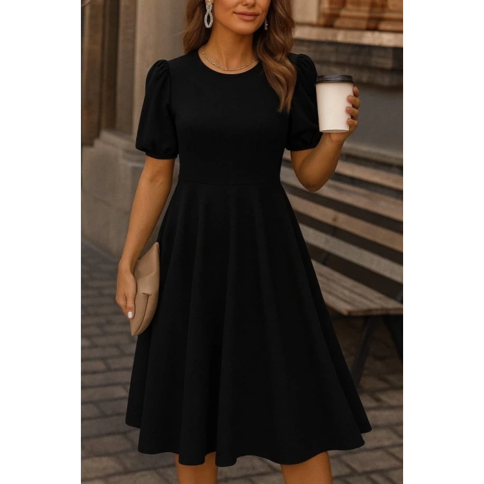 Kadın Kısa Balon Kollu Bisiklet Yaka Geniş Kesim Janjan Krep Elbise