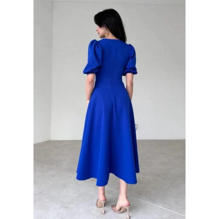 Kadın Kısa Balon Kollu Bisiklet Yaka Geniş Kesim Janjan Krep Elbise