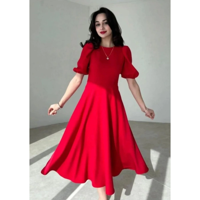 Kadın Kısa Balon Kollu Bisiklet Yaka Geniş Kesim Janjan Krep Elbise