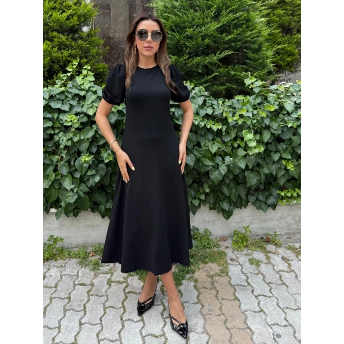 Kadın Kısa Balon Kollu Bisiklet Yaka Geniş Kesim Janjan Krep Elbise