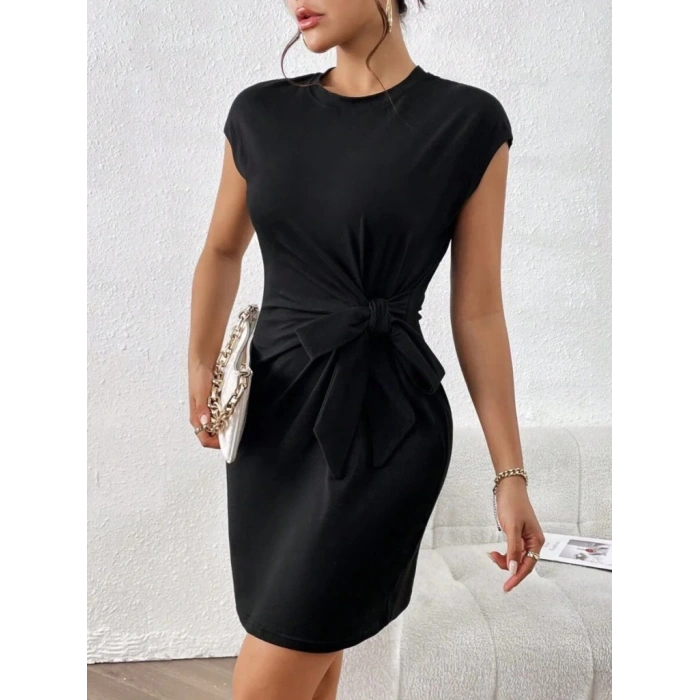 Kadın Kısa Kap Kollu Bisiklet Yaka Belden Bağlamalı Modal Mini Elbise