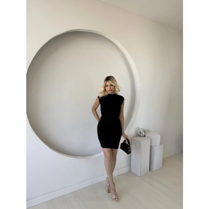 Kadın Kısa Kap Kollu Bisiklet Yaka Belden Bağlamalı Modal Mini Elbise