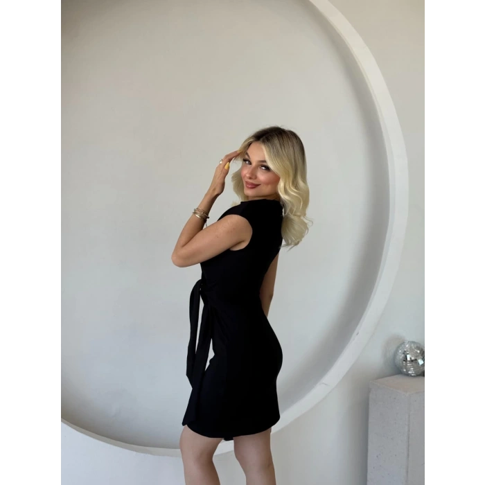 Kadın Kısa Kap Kollu Bisiklet Yaka Belden Bağlamalı Modal Mini Elbise