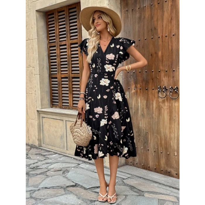 Kadın Kısa Kelebek Kollu Kruvaze Yakalı Belden Kuşaklı Midi Süprem Elbise